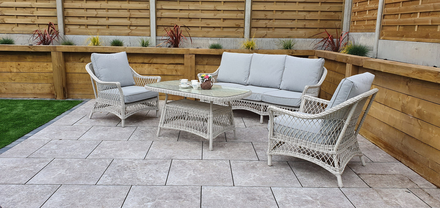 Signature Weave - Outdoor Furniture - Rose - 5 Seat Sofa Set With Coffee Table In Soft White Wicker